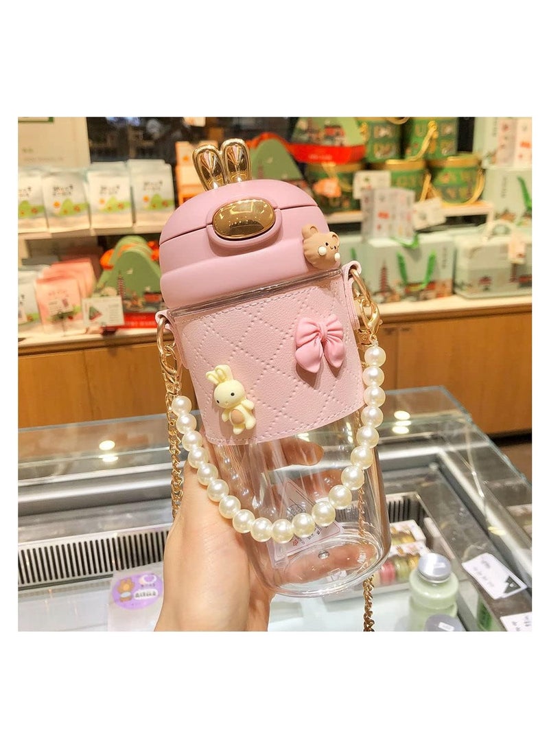 سيوسي Cute Water Bottle with Straw and Strap, Kawaii Rabbit Water Glass, Anti-fall Leakproof Plastic Water Jug, 500ML  (Pink) - Image 1