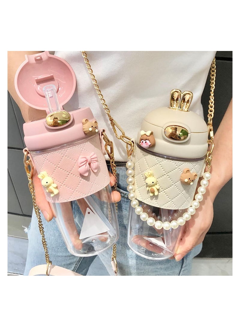 سيوسي Cute Water Bottle with Straw and Strap, Kawaii Rabbit Water Glass, Anti-fall Leakproof Plastic Water Jug, 500ML  (Pink) - Image 2
