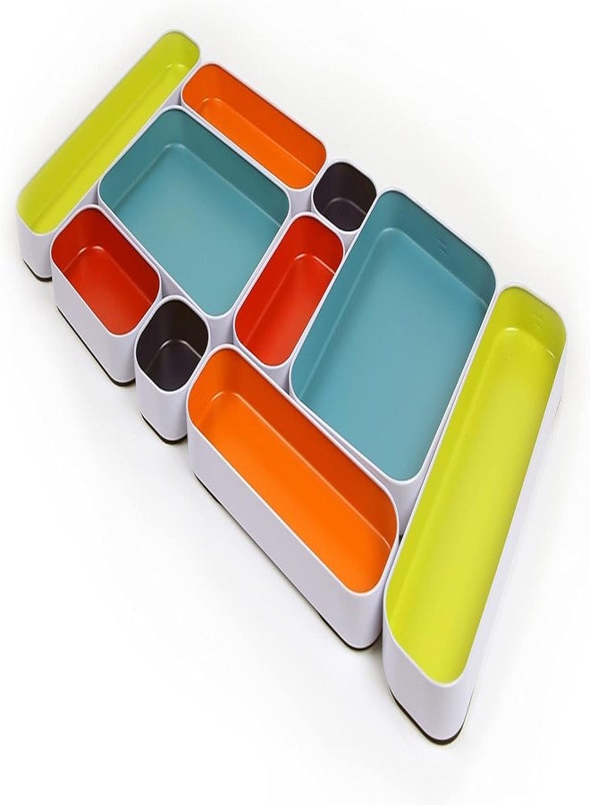 Three by Three Seattle 10 Piece Shallow Metal Organizer Tray Set for Storing Makeup, Stationery, Utensils, and More in Office Desk, Kitchen and Bathroom Drawers (1 Inch, Assorted Colors) - Image 1