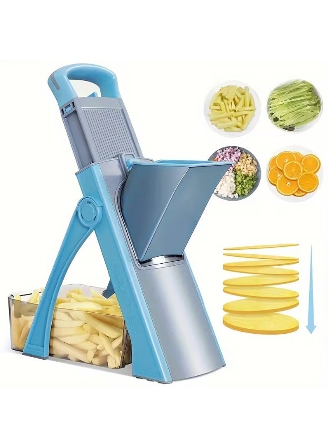 Inabyte 5-in-1 Safe Mandoline Slicer, Adjustable Thickness Vegetable Chopper, No Blade Change Food Cutter, Hand Guard Design, One-Click Disassembly, Easy Clean Kitchen Slicer for Potato, Carrot, Onion, Cucumber (Blue) - Image 1
