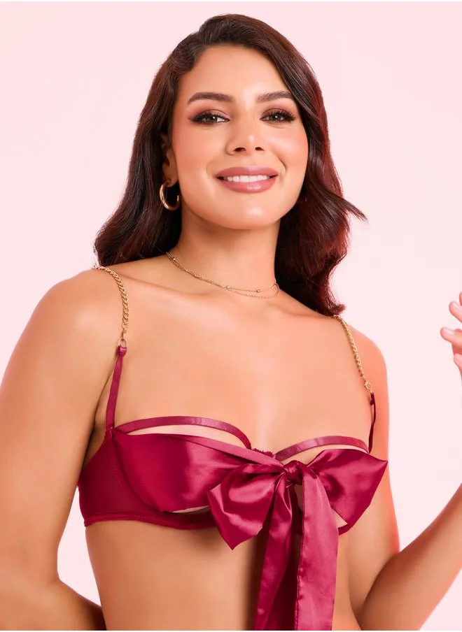 Styli Non Padded Wired Big Satin Bow Bra with Chain Strap and Thong Set