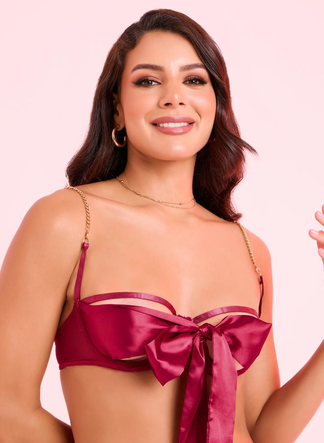 Styli Styli Non Padded Wired Big Satin Bow Bra with Chain Strap and Thong Set - Image 3