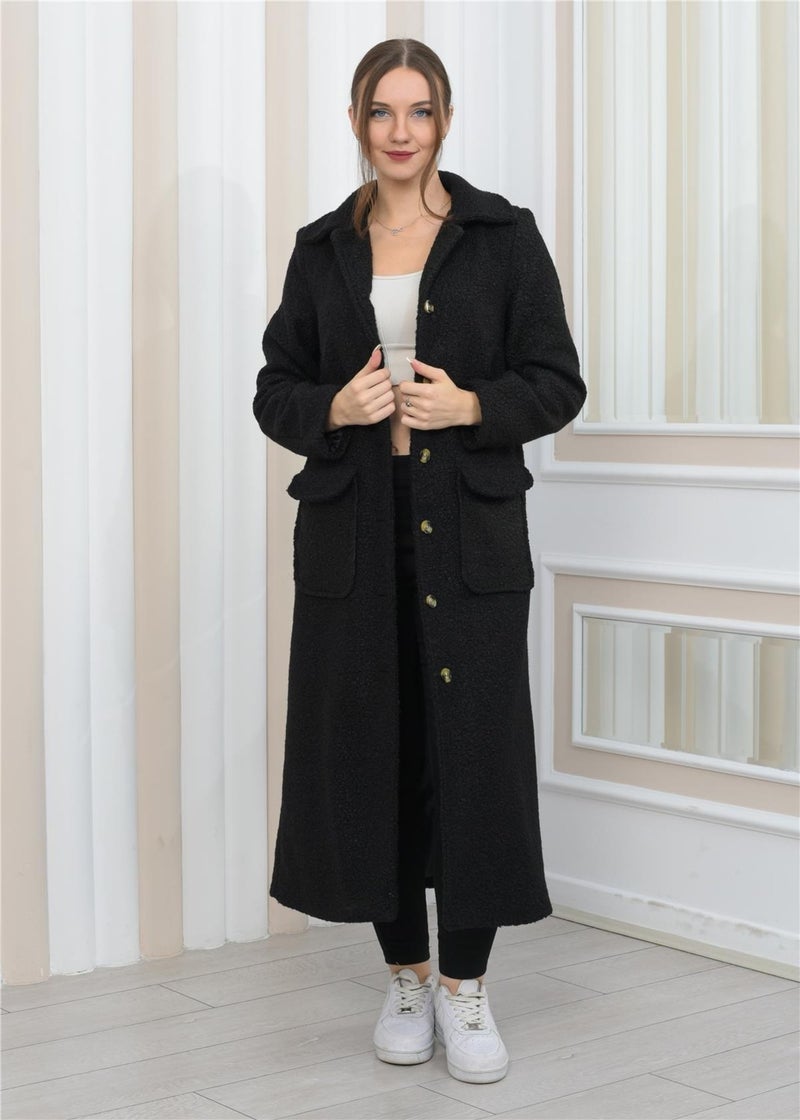 Nuseel New Season Collared Plush Curly Long Coat Black  - Image 2