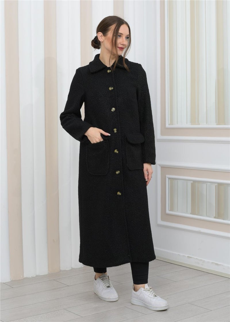Nuseel New Season Collared Plush Curly Long Coat Black  - Image 4