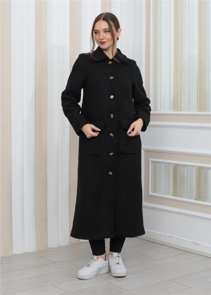 Nuseel New Season Collared Plush Curly Long Coat Black  - Image 3