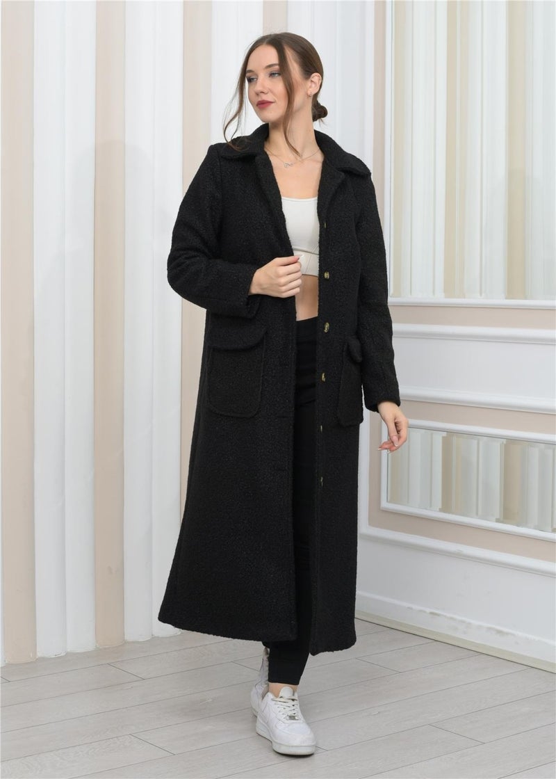 Nuseel New Season Collared Plush Curly Long Coat Black  - Image 1