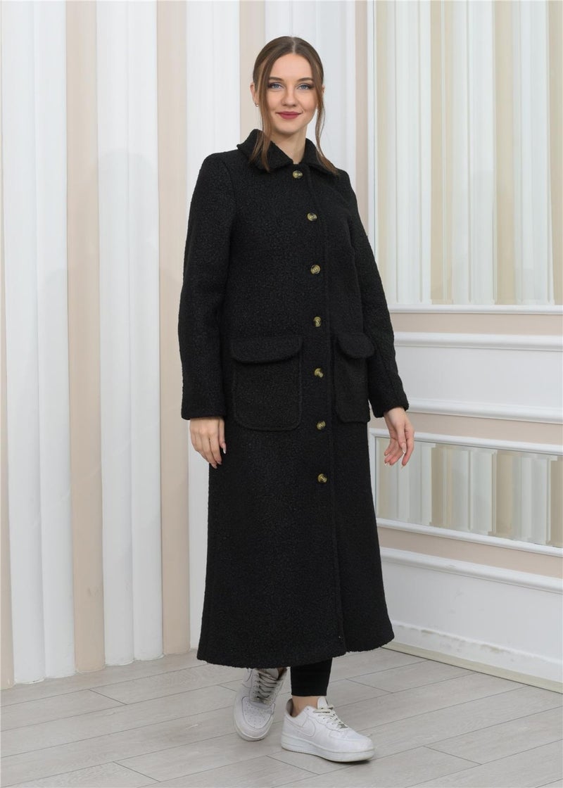 Nuseel New Season Collared Plush Curly Long Coat Black  - Image 5