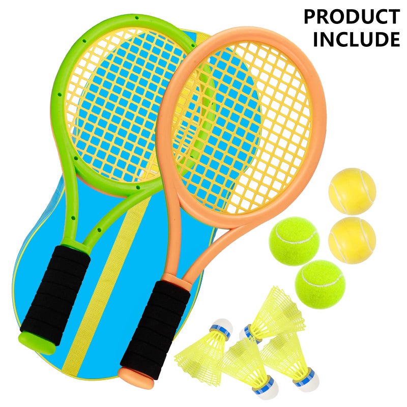 Crefotu Kids Tennis Racket,17 Inch Plastic Tennis Racket with 2 Soft Balls,2 Tennis Balls and 4 Shuttlecocks for Kid,Toddler Outdoor/Indoor Sport Play (Orange & Green) - Image 2