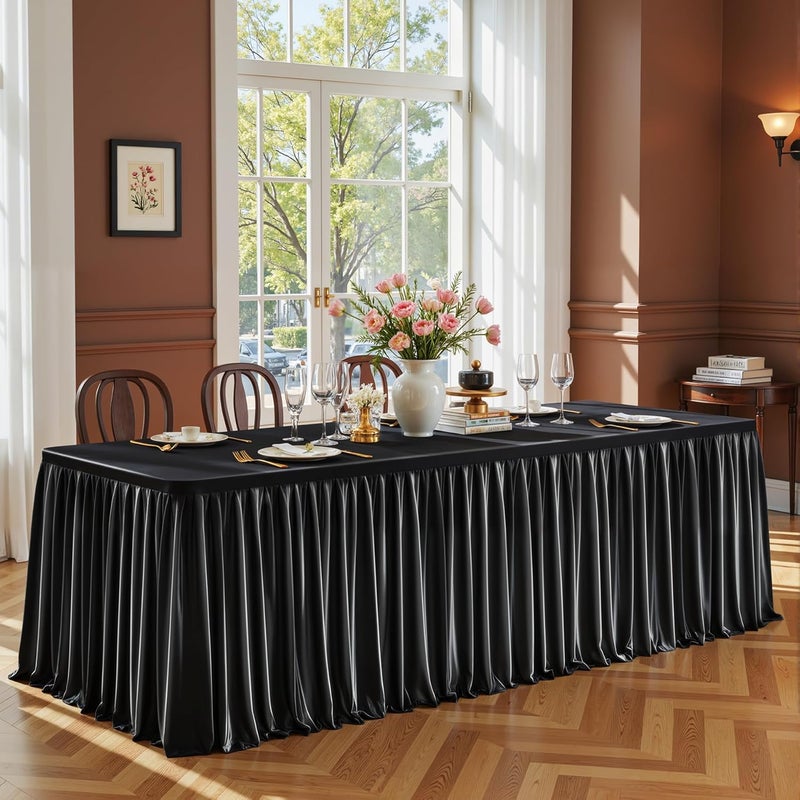 PARTISKY Black Satin Tablecloths Rectangle 4FT, Glitter Spandex Fitted Stretch Table Covers Wrinkle-Resistant Floor Length Shimmer Pleated Table Skirt for Weddings Parties Baby Shower Banquets Vendor Events - Image 3