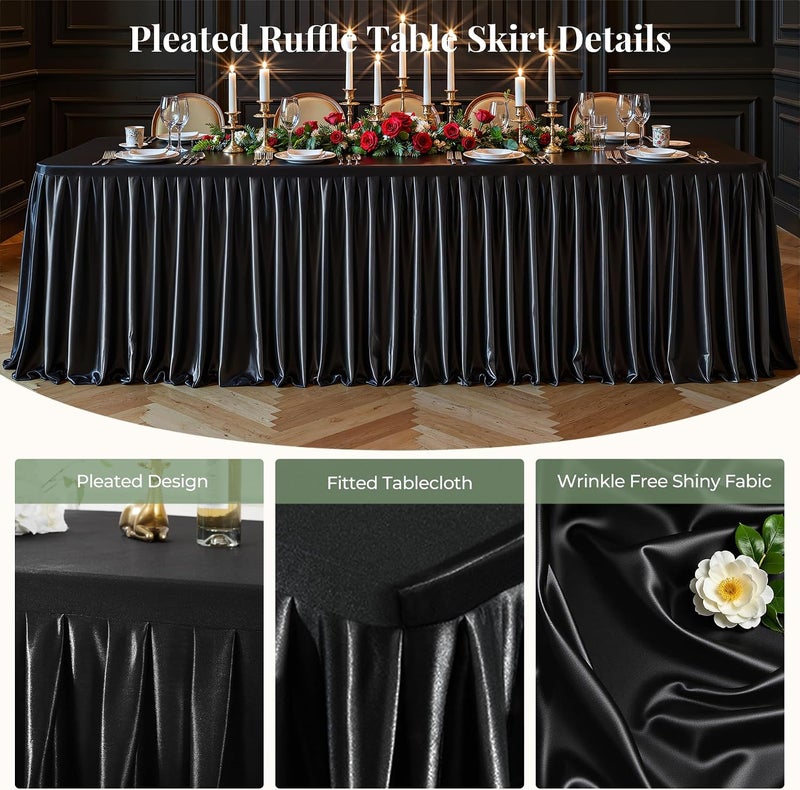 PARTISKY Black Satin Tablecloths Rectangle 4FT, Glitter Spandex Fitted Stretch Table Covers Wrinkle-Resistant Floor Length Shimmer Pleated Table Skirt for Weddings Parties Baby Shower Banquets Vendor Events - Image 2