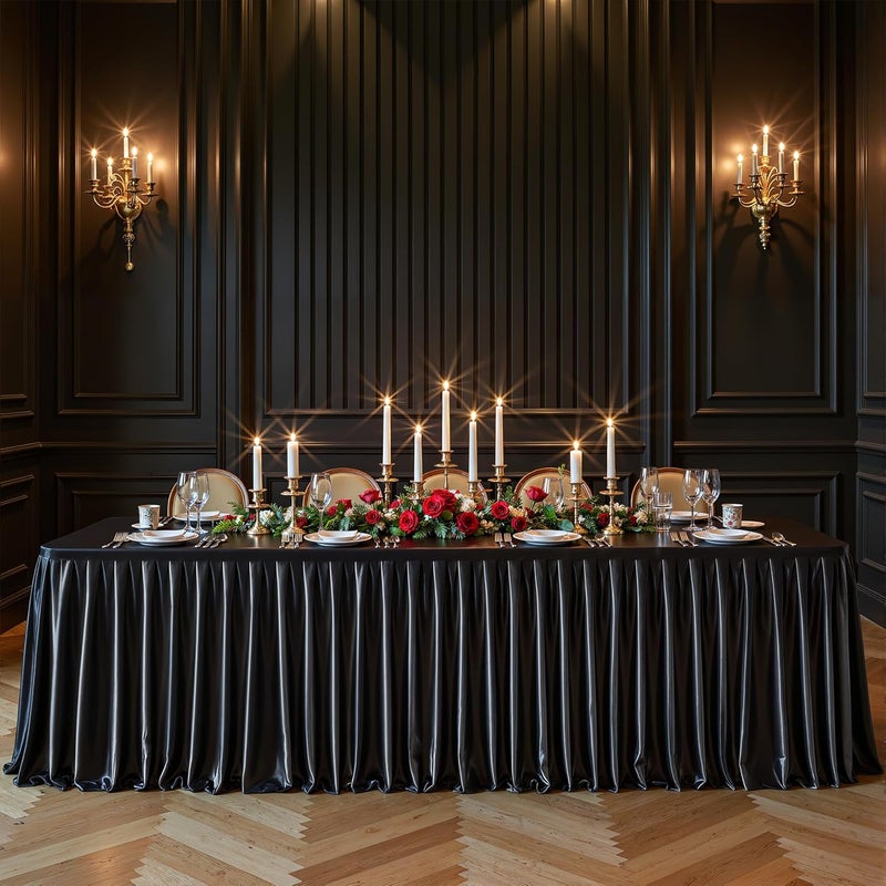 PARTISKY Black Satin Tablecloths Rectangle 4FT, Glitter Spandex Fitted Stretch Table Covers Wrinkle-Resistant Floor Length Shimmer Pleated Table Skirt for Weddings Parties Baby Shower Banquets Vendor Events - Image 1
