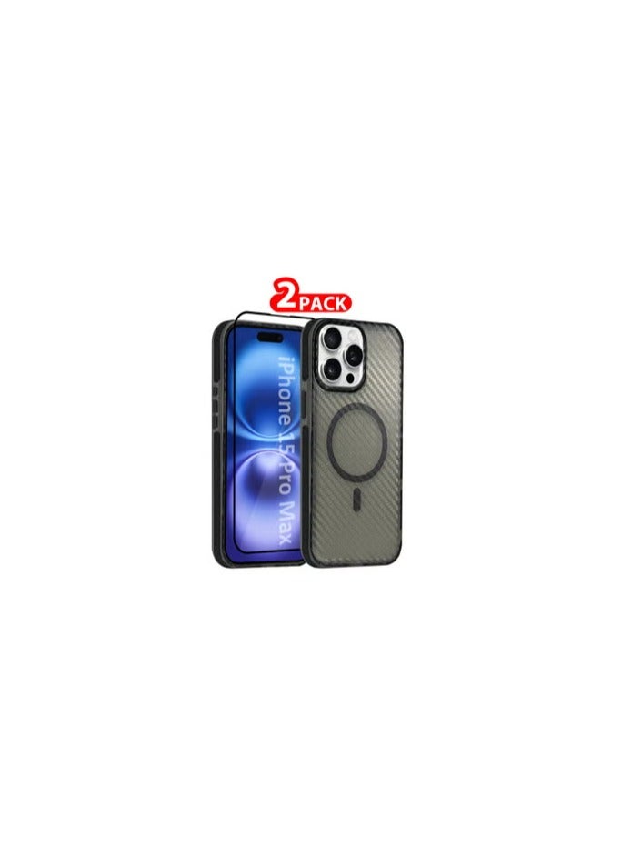 CATANES (for iPhone 15 Pro Max) 2Packs Magsafe Case Cover Carbon Fiber Magnetic Strong Shockproof Protective Slim Thin Cover Transparent Matte - Grey Color - Image 1