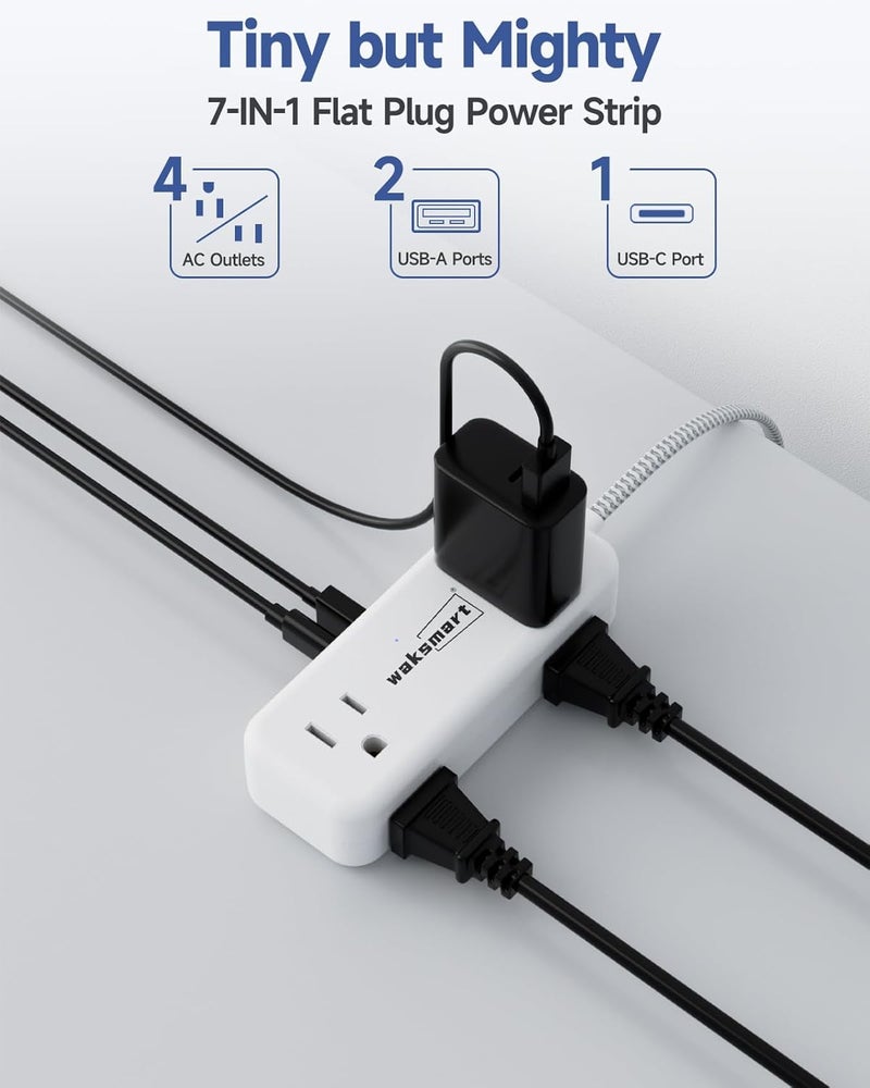 سلك تمديد مسطح بطول 25 قدمًا مع 4 منافذ تيار متردد و3 منافذ USB (5V/3.4A 17W)، سلك مضفر طويل 25 قدمًا للمكتب المنزلي والسكن - Image 4