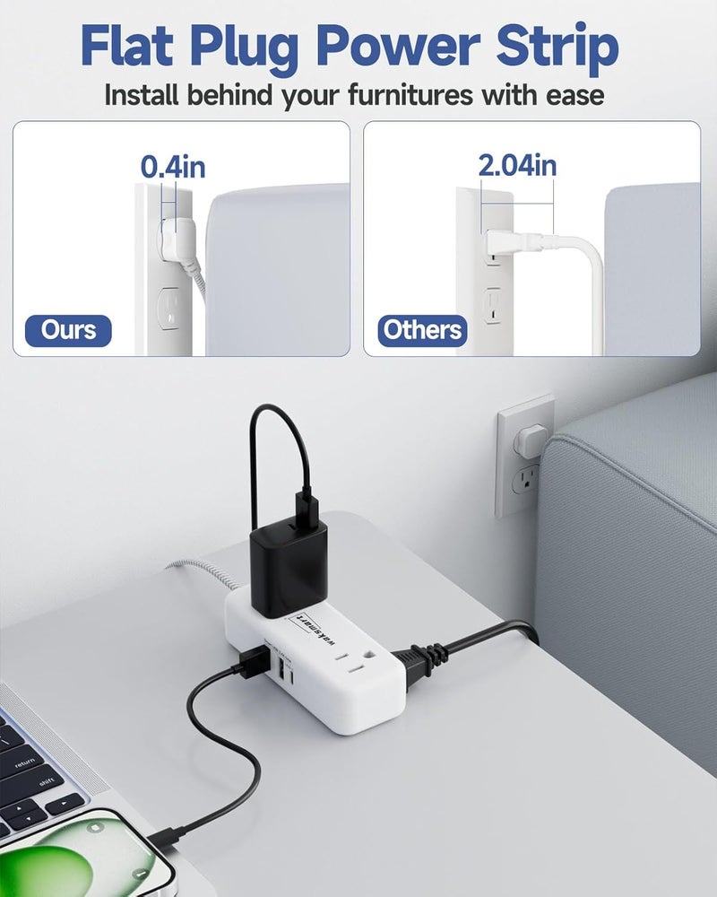 سلك تمديد مسطح بطول 25 قدمًا مع 4 منافذ تيار متردد و3 منافذ USB (5V/3.4A 17W)، سلك مضفر طويل 25 قدمًا للمكتب المنزلي والسكن - Image 3
