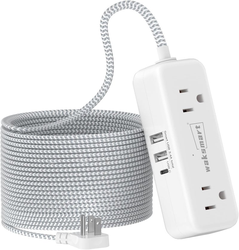 سلك تمديد مسطح بطول 25 قدمًا مع 4 منافذ تيار متردد و3 منافذ USB (5V/3.4A 17W)، سلك مضفر طويل 25 قدمًا للمكتب المنزلي والسكن - Image 1