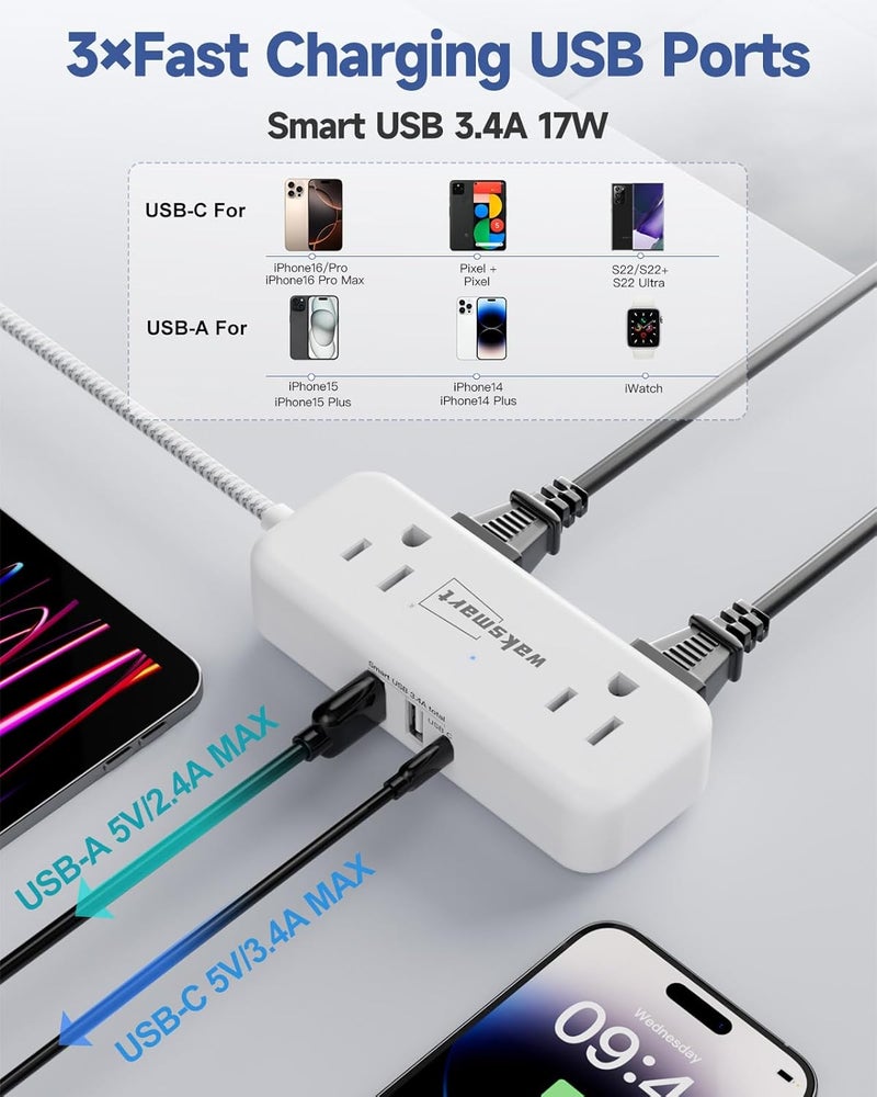 سلك تمديد مسطح بطول 25 قدمًا مع 4 منافذ تيار متردد و3 منافذ USB (5V/3.4A 17W)، سلك مضفر طويل 25 قدمًا للمكتب المنزلي والسكن - Image 5
