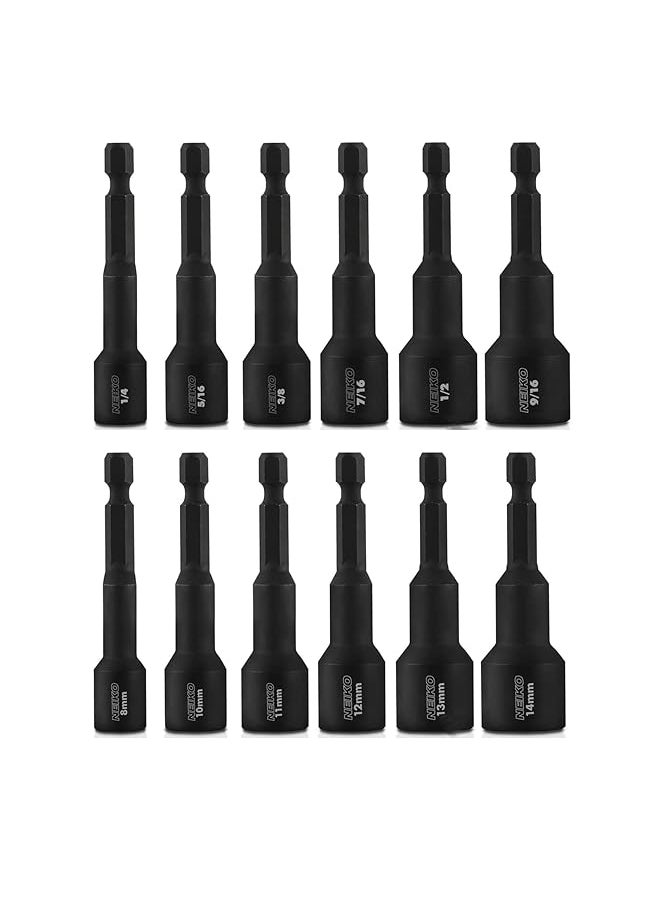 Neiko - 10250A Magnetic Hex Impact Nut Driver Set 12 Piece Driver Bit Set For Drill Cr V Steel 1/4 Inch Quick Change Hex Shank Nutsetters Impact Rated Sae And Metric Master Impact Driver Socket Set - Image 1