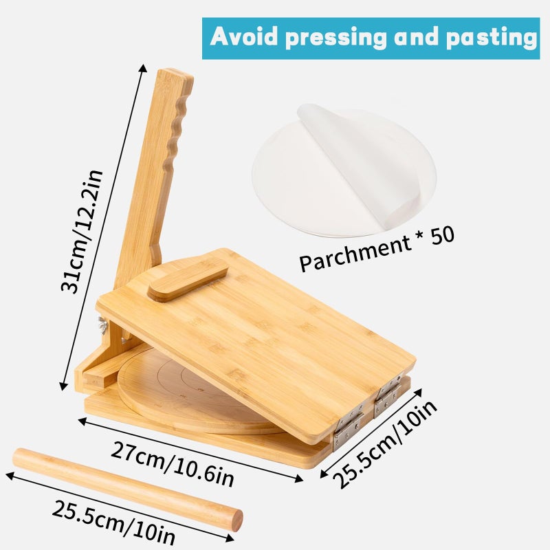 Patravious NEW Wooden Corn Tortilla Press,10 Inch Corn Tortilla Press, Built-In Rotating Disc Double Press, Comes With 50 Sheets Of Parchment Paper And A Rolling Pin, Suitable For Making Pancake, Chicken Wrap - Image 2
