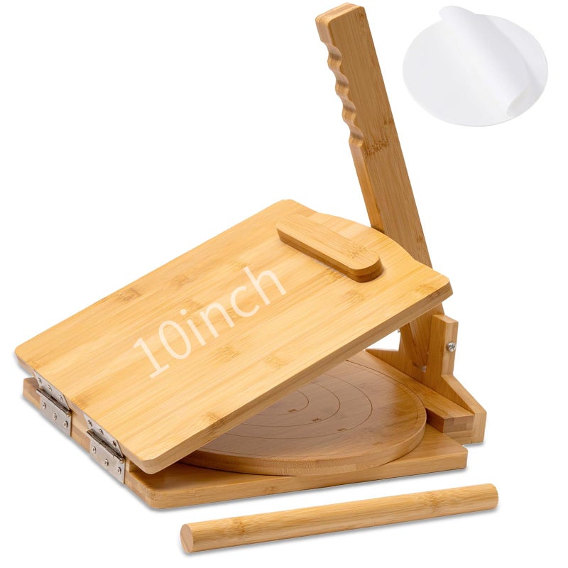 Patravious NEW Wooden Corn Tortilla Press,10 Inch Corn Tortilla Press, Built-In Rotating Disc Double Press, Comes With 50 Sheets Of Parchment Paper And A Rolling Pin, Suitable For Making Pancake, Chicken Wrap - Image 1