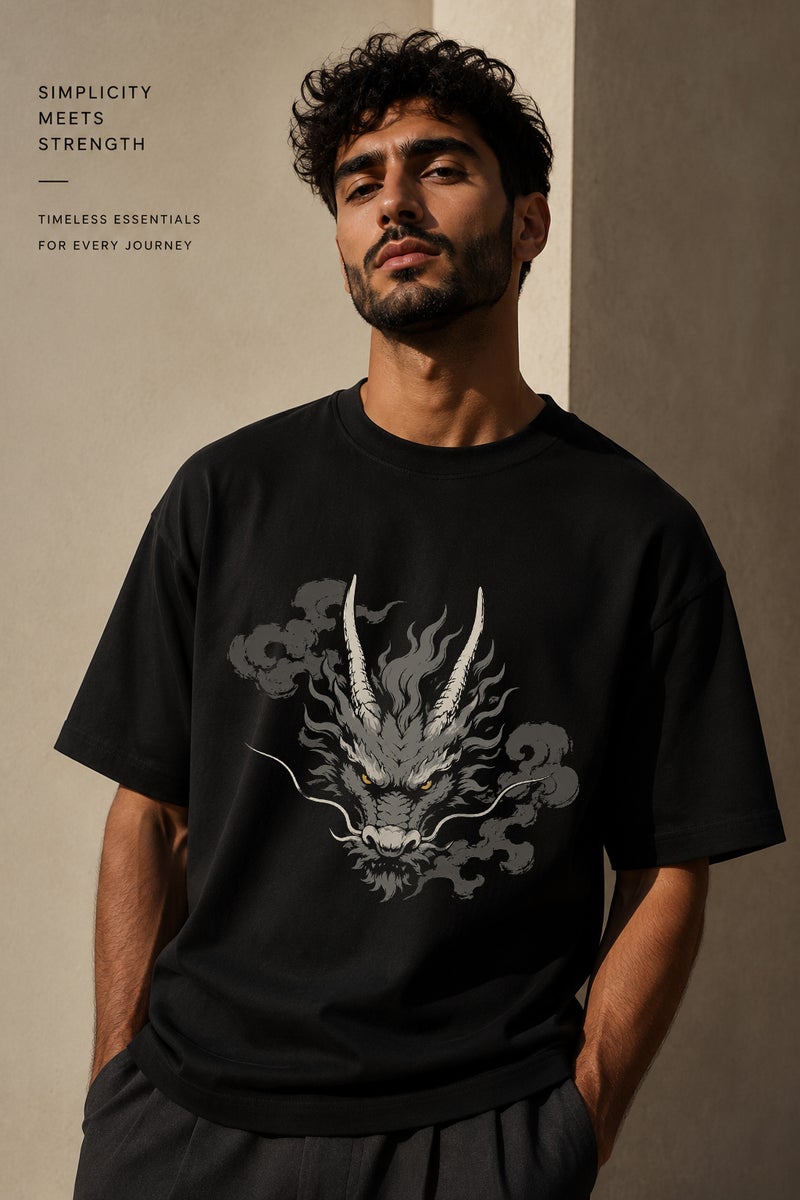 Men's Oversized Black Dragon Graphic T-Shirt Casual Short Sleeve Crew Neck Streetwear Tee - Image 1