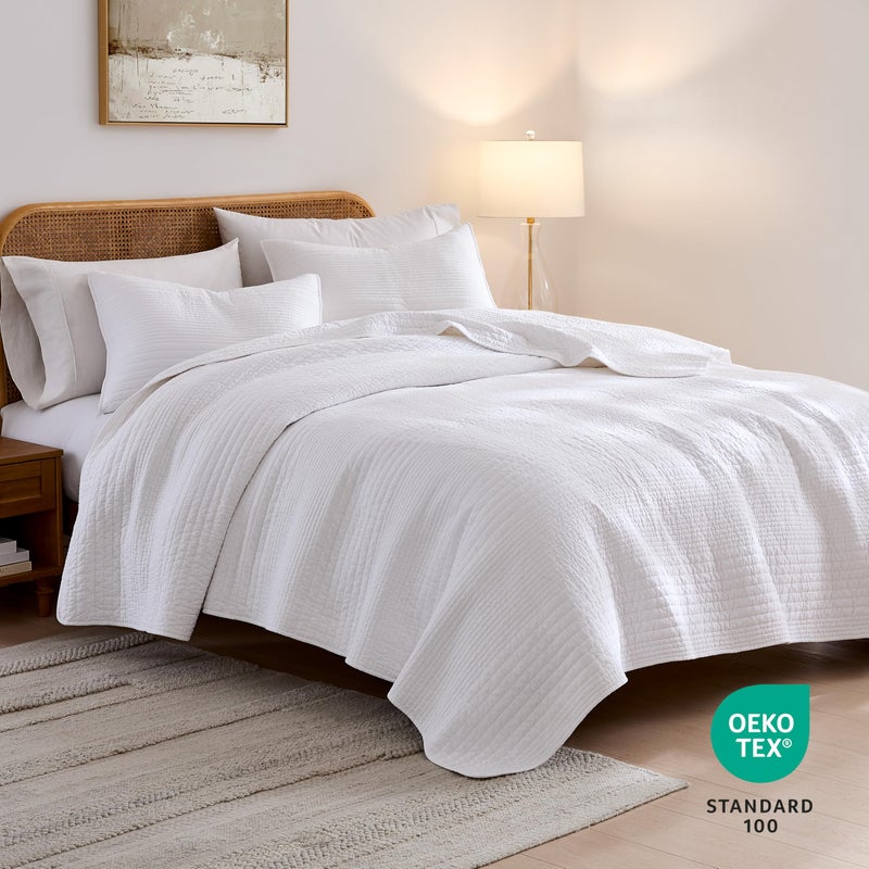 palassio Striped White 100% Cotton Quilt King Size Bedding Sets, Lightweight Crinkly Channel Pick Stitch Textured Bedspread Soft Shabby Chic Farmhouse Country Coverlet for All Season, 2 Shams - Image 2