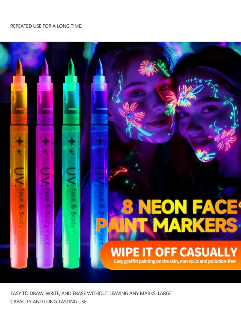 JFYP 8pcs Glow-in-the-Dark Body Painting Pens, Washable Face Painting Makeup Pens, Erasable, Festive Party Glow-in-the-Dark Pens - Image 1