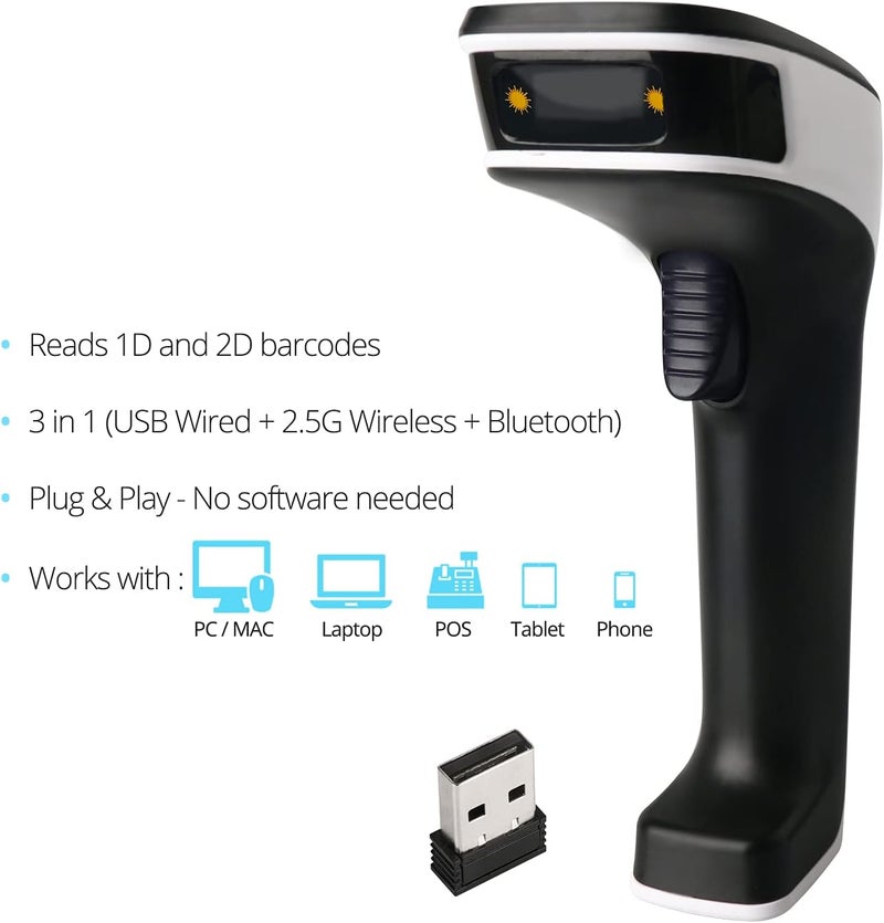Wireless Bluetooth Barcode Scanner, 3-in-1 Barcode Scanner Cordless QR Code Reader Inventory Management Scanner Rechargeable 2D Scan Gun for Inventory Management - USB Bar Code/QR Code Reader - Image 2