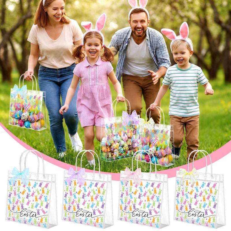 Tinlade 24 Sets Happy Easter Gift Bags Easter Bunny Clear Plastic Bag with Handle Rabbits Candy Bows PVC Treat Goodie Transparent Bags for Spring Birthday Holiday Party Supplies - Image 5