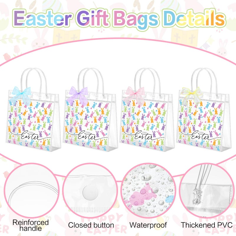 Tinlade 24 Sets Happy Easter Gift Bags Easter Bunny Clear Plastic Bag with Handle Rabbits Candy Bows PVC Treat Goodie Transparent Bags for Spring Birthday Holiday Party Supplies - Image 3