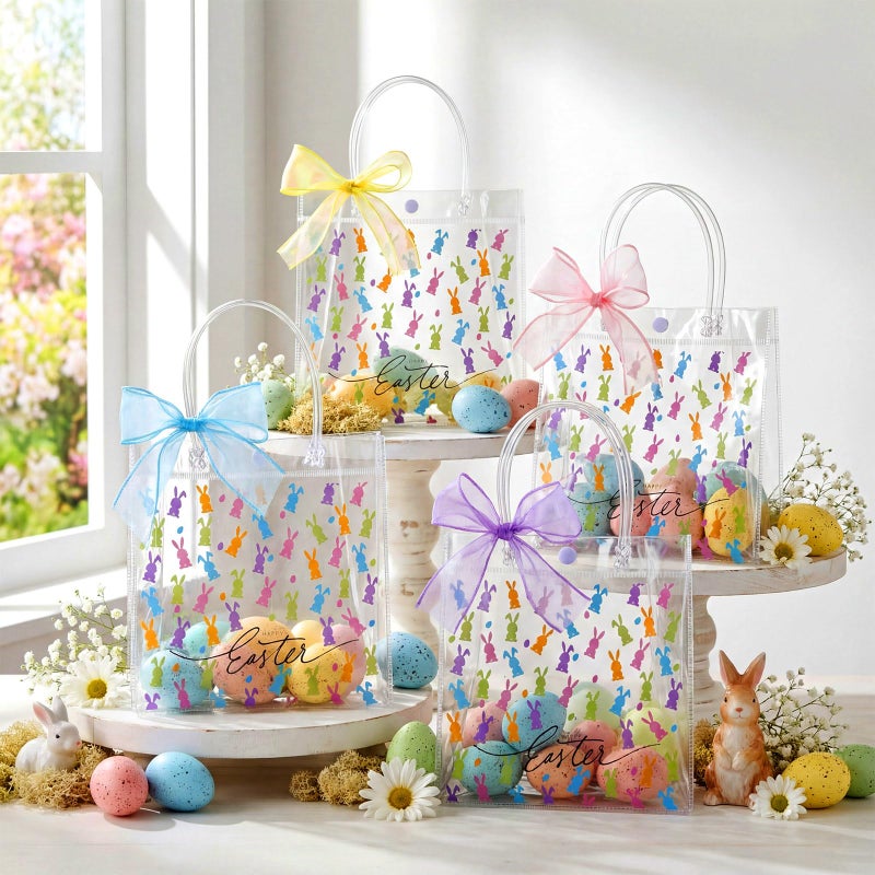 Tinlade 24 Sets Happy Easter Gift Bags Easter Bunny Clear Plastic Bag with Handle Rabbits Candy Bows PVC Treat Goodie Transparent Bags for Spring Birthday Holiday Party Supplies - Image 4