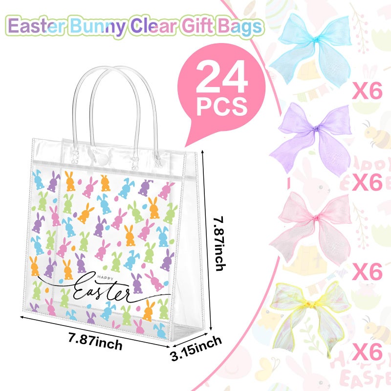 Tinlade 24 Sets Happy Easter Gift Bags Easter Bunny Clear Plastic Bag with Handle Rabbits Candy Bows PVC Treat Goodie Transparent Bags for Spring Birthday Holiday Party Supplies - Image 2