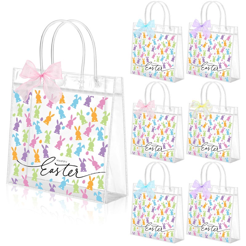Tinlade 24 Sets Happy Easter Gift Bags Easter Bunny Clear Plastic Bag with Handle Rabbits Candy Bows PVC Treat Goodie Transparent Bags for Spring Birthday Holiday Party Supplies - Image 1