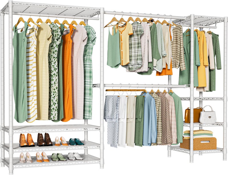 Ulif E11 HeavyDuty Garment Rack Metal Freestanding Clothes Rack and Closet Storage Organizer with 8 Shelves and 4 Hanger Rods 732  976W x 145D x 712H Load 1034 LBS White