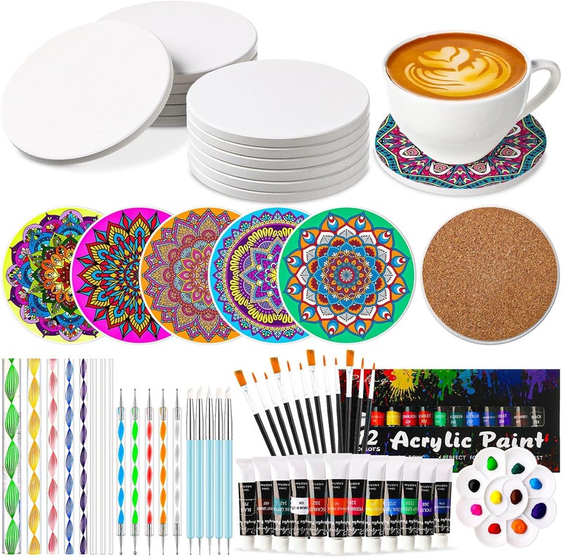 Zopeal 35 Pcs Round Ceramic Tiles for Crafts White 4x4 Unglazed Blank Coasters Craft DIY Art with Dotting Tools Painting Kit with Acrylic Paint for Easter Painting Art Projects Party - Image 1