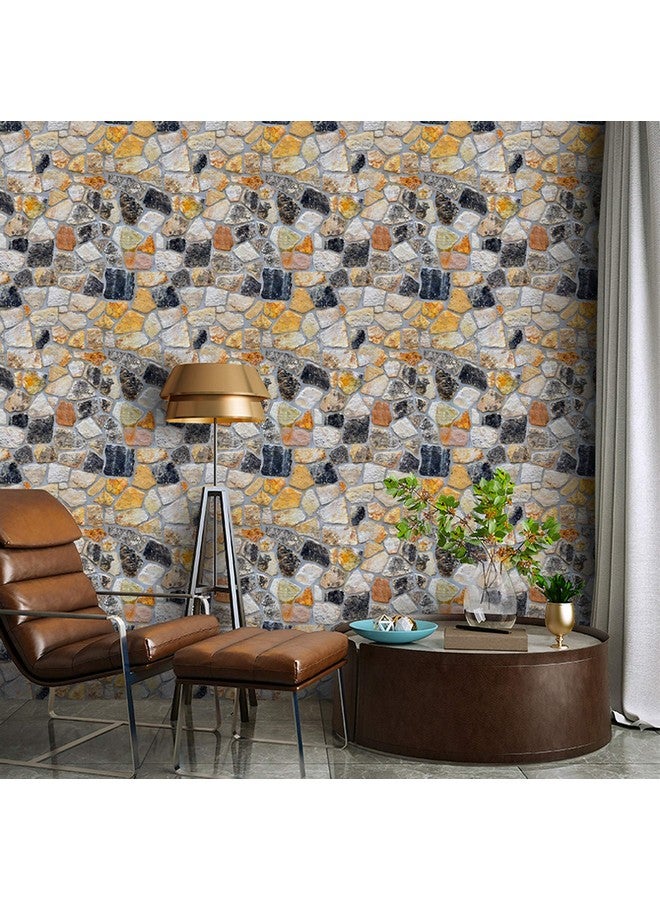 wolpin ملصقات حائط وولبين ورق جدران DIY (45 × 500 سم) نمط حجر ثلاثي الأبعاد، صخور طبيعية للمطاعم، تصميم غرفة المعيشة في المنزل ملصقات لاصقة ذاتية، صفراء - Image 2