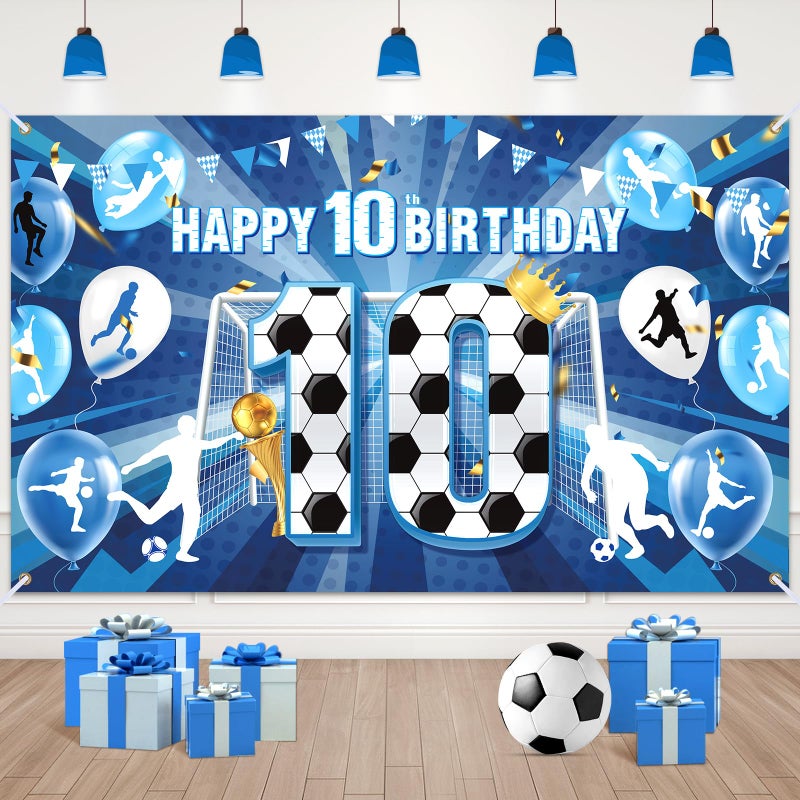 Wayyogh Soccer 10th Birthday Banner Decorations for Boys Blue Soccer Happy 10th Birthday Banner Large Sports Themed Soccer Ball Party Backdrop for Girls Teens Football 10th Birthday Anniversary Party Supplies - Image 1