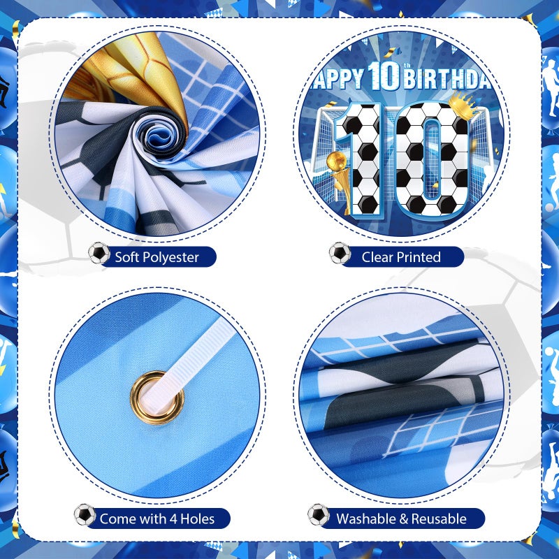Wayyogh Soccer 10th Birthday Banner Decorations for Boys Blue Soccer Happy 10th Birthday Banner Large Sports Themed Soccer Ball Party Backdrop for Girls Teens Football 10th Birthday Anniversary Party Supplies - Image 5