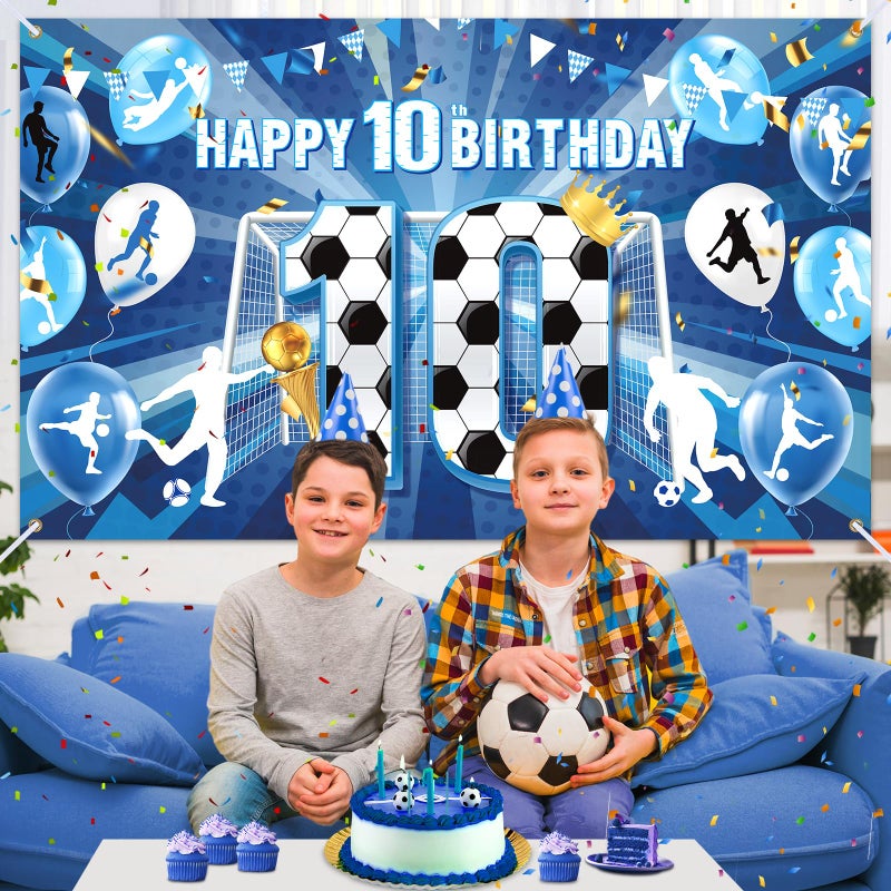 Wayyogh Soccer 10th Birthday Banner Decorations for Boys Blue Soccer Happy 10th Birthday Banner Large Sports Themed Soccer Ball Party Backdrop for Girls Teens Football 10th Birthday Anniversary Party Supplies - Image 3