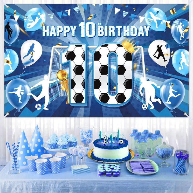Wayyogh Soccer 10th Birthday Banner Decorations for Boys Blue Soccer Happy 10th Birthday Banner Large Sports Themed Soccer Ball Party Backdrop for Girls Teens Football 10th Birthday Anniversary Party Supplies - Image 2