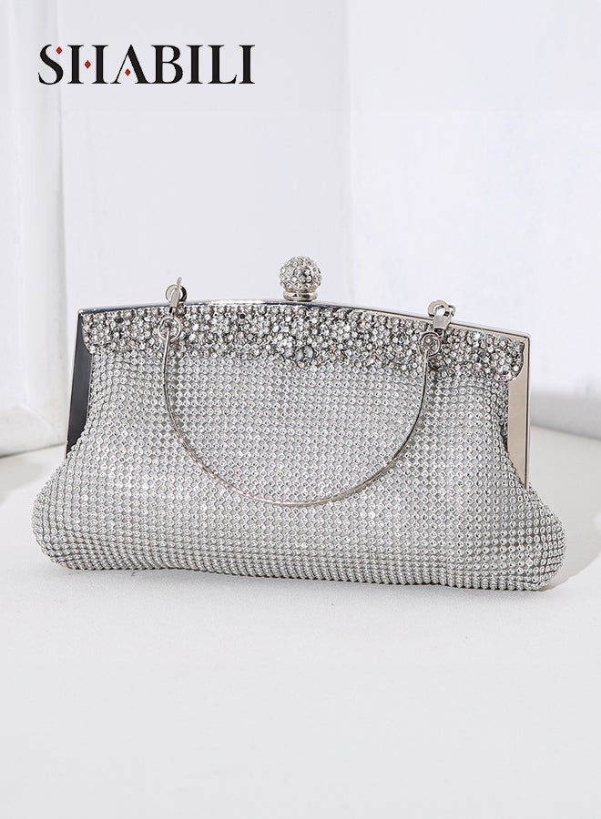 SHABILI Evening Bag Nylon Large-Capacity Multipocket Banquet Clutch Bag, Ladies Rhinestone Chain Shoulder Purse with Detachable Strap and Crystal Clasp, Perfect for Women Teenager Youth Party Travel (Silver) - Image 1