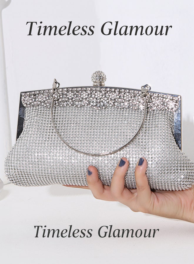 SHABILI Evening Bag Nylon Large-Capacity Multipocket Banquet Clutch Bag, Ladies Rhinestone Chain Shoulder Purse with Detachable Strap and Crystal Clasp, Perfect for Women Teenager Youth Party Travel (Silver) - Image 2