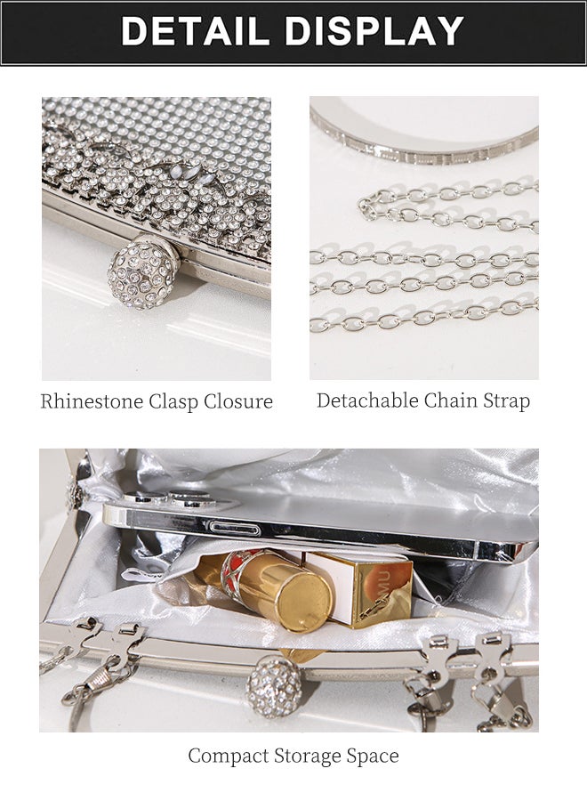 SHABILI Evening Bag Nylon Large-Capacity Multipocket Banquet Clutch Bag, Ladies Rhinestone Chain Shoulder Purse with Detachable Strap and Crystal Clasp, Perfect for Women Teenager Youth Party Travel (Silver) - Image 3