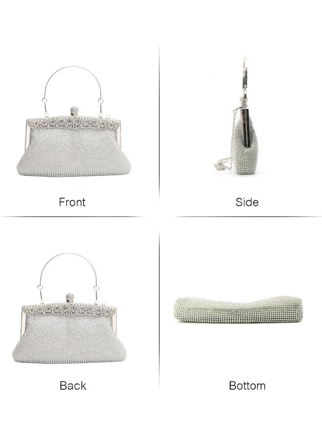 SHABILI Evening Bag Nylon Large-Capacity Multipocket Banquet Clutch Bag, Ladies Rhinestone Chain Shoulder Purse with Detachable Strap and Crystal Clasp, Perfect for Women Teenager Youth Party Travel (Silver) - Image 5