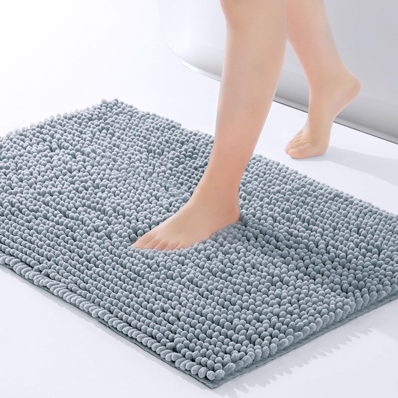 FRESHMINT Chenille Bathroom Rugs Non-Slip Bath Mat 24"x17", Washable Soft Shower Mat, for Bathroom Floor & Tub Fluffy Shag Bath Rugs, Durable Thick Water Absorbent Microfiber Shower Rugs, Sky Gray - Image 1