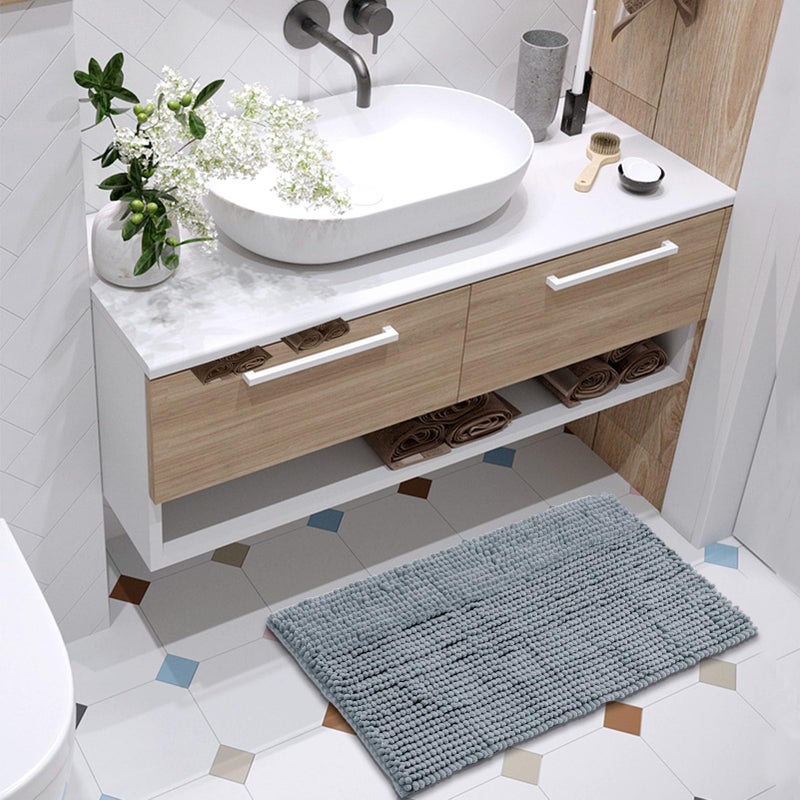 FRESHMINT Chenille Bathroom Rugs Non-Slip Bath Mat 24"x17", Washable Soft Shower Mat, for Bathroom Floor & Tub Fluffy Shag Bath Rugs, Durable Thick Water Absorbent Microfiber Shower Rugs, Sky Gray - Image 2