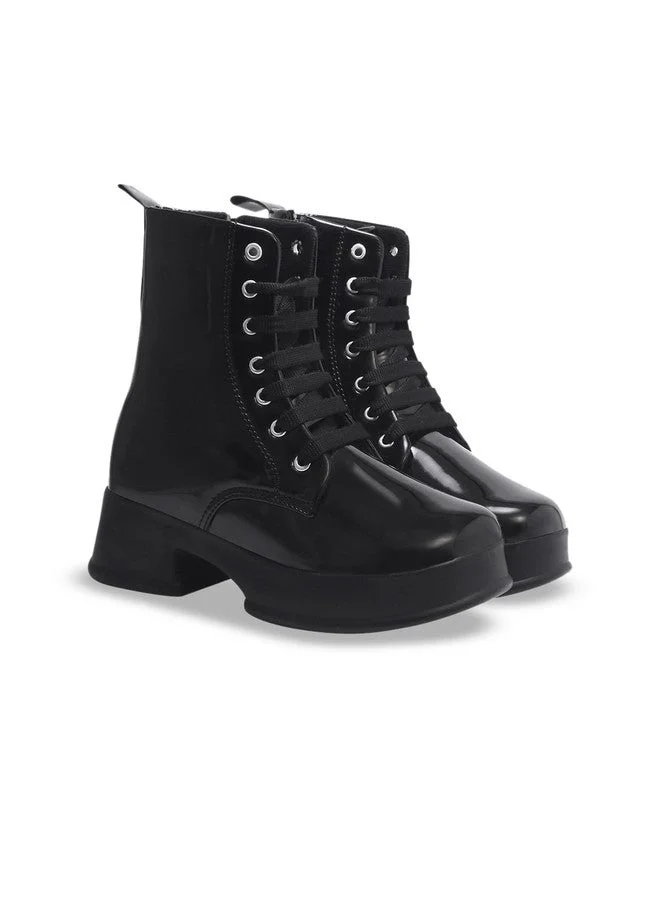 شوتوبيا Shoetopia Women’s  Patent Lace-Up Ankle Boots – Chunky Platform Heel Combat Style Comfortable Fashion Booties