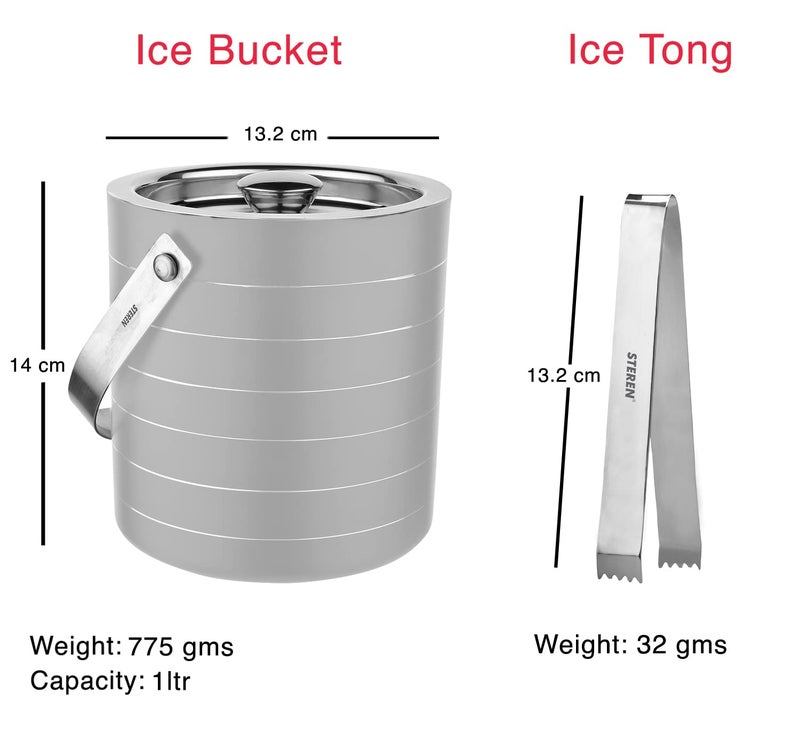 STEREN IMPEX Steren | Stainless Steel Double Wall Ice Bucket with Tong - Off White Ring Design, Small, 1L - Image 3
