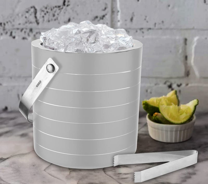 STEREN IMPEX Steren | Stainless Steel Double Wall Ice Bucket with Tong - Off White Ring Design, Small, 1L - Image 5