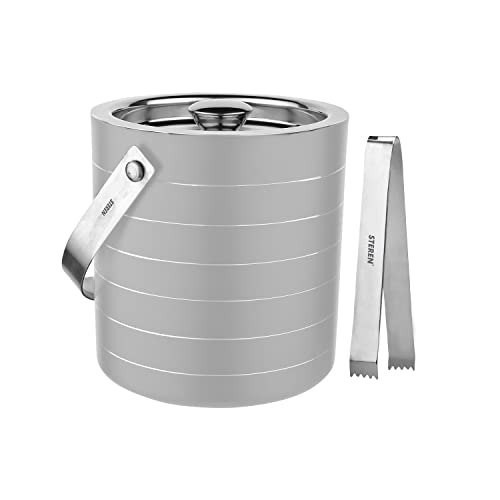 STEREN IMPEX Steren | Stainless Steel Double Wall Ice Bucket with Tong - Off White Ring Design, Small, 1L - Image 1