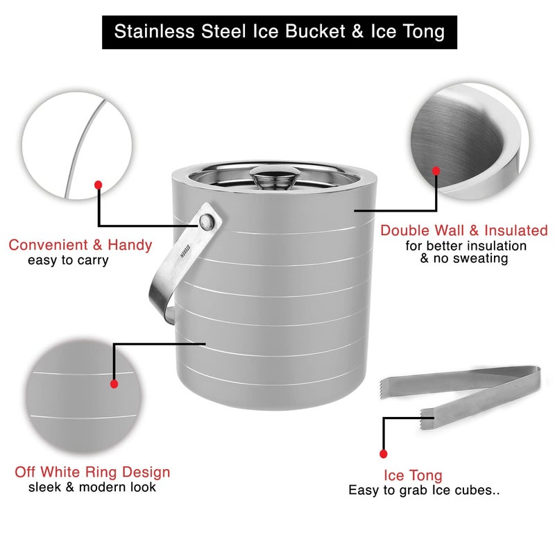 STEREN IMPEX Steren | Stainless Steel Double Wall Ice Bucket with Tong - Off White Ring Design, Small, 1L - Image 4